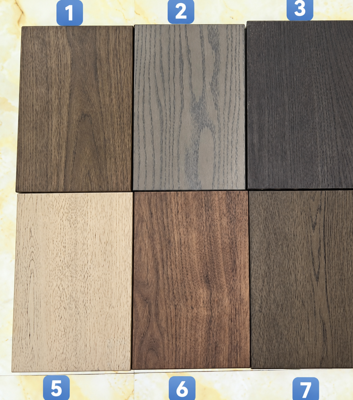 Timber stain samples numbered 1, 2, 3, 5, 6 and 7