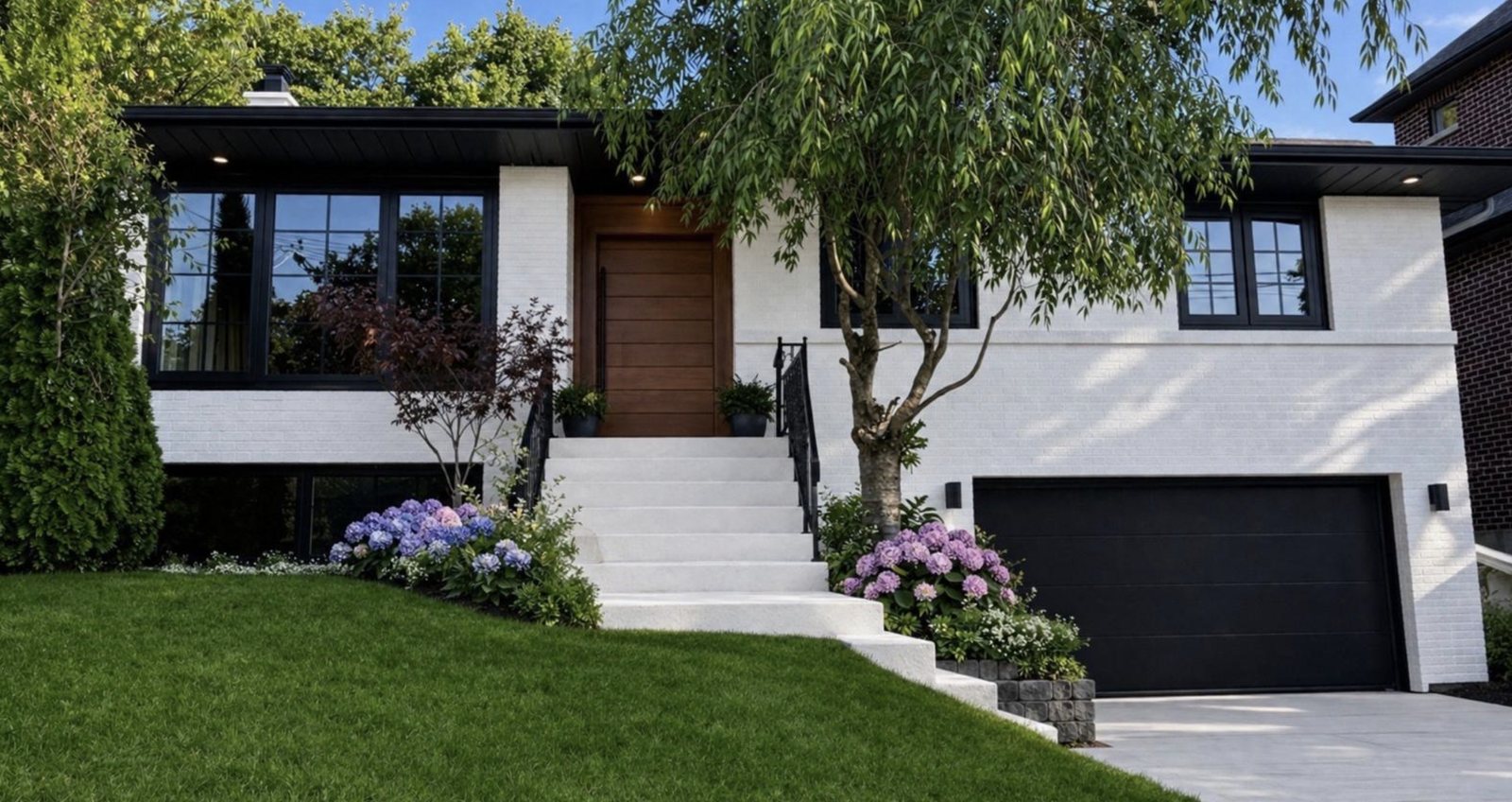 Completed client home with black-framed windows and a refreshed white exterior