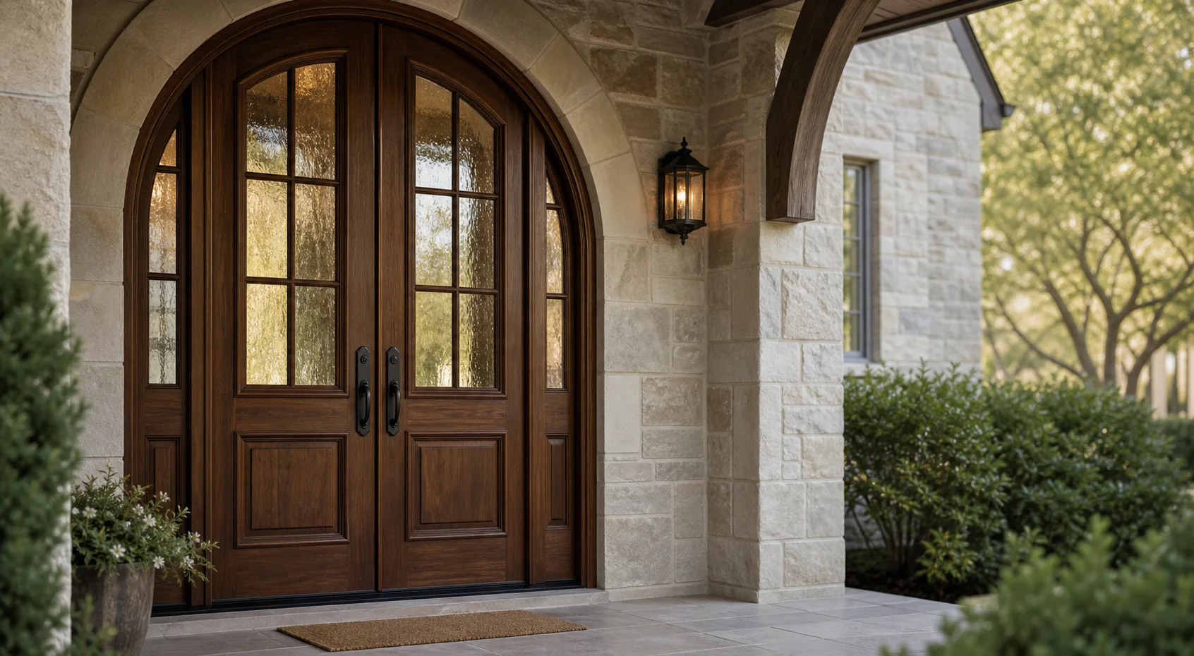 Handcrafted arched double entry door with decorative glass