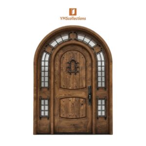 Cathedral Oak Front Door with Transom and Sidelights on a white YMS Collections catalog background