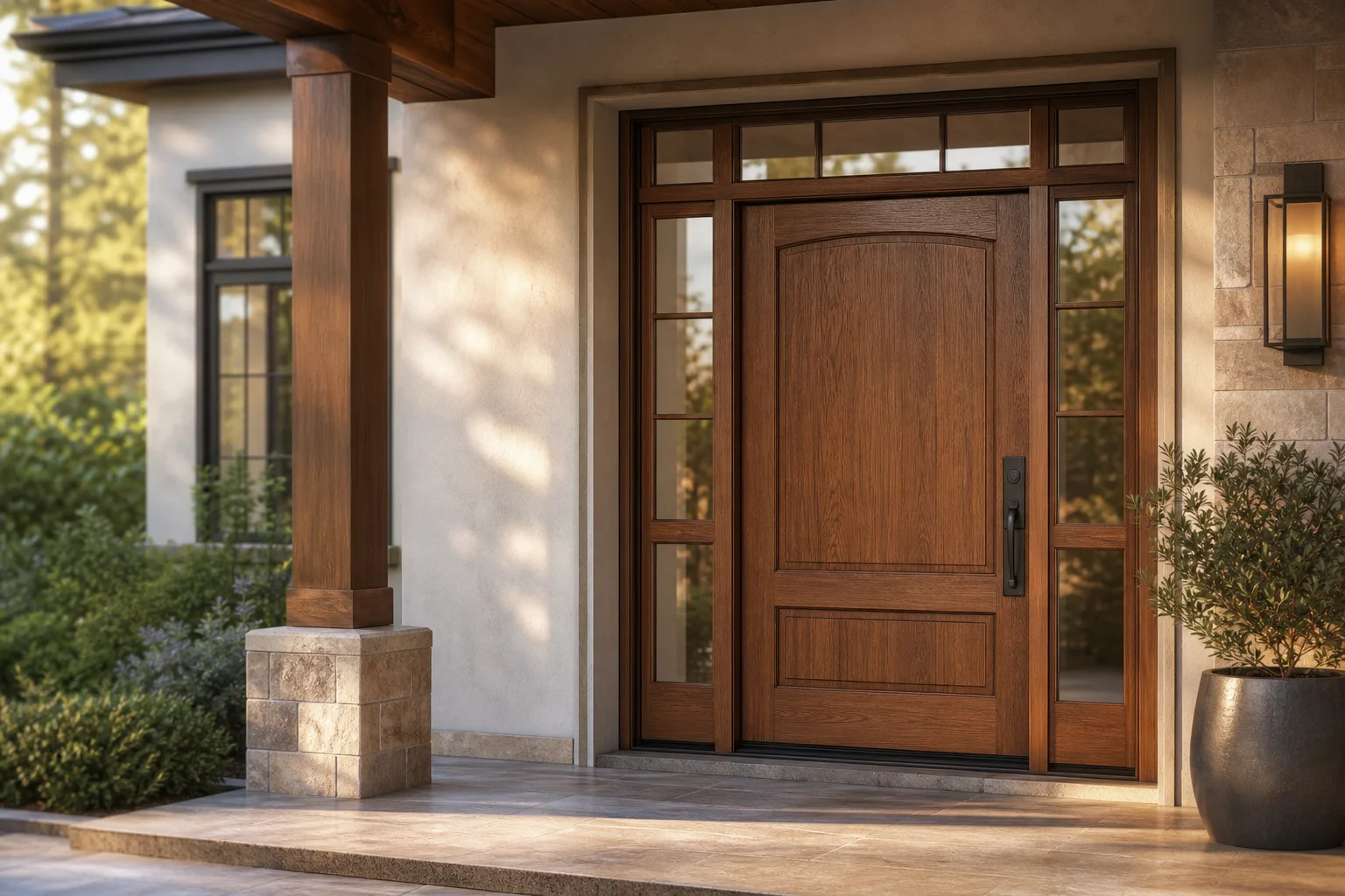 Custom solid wood entry door with sidelights and transom