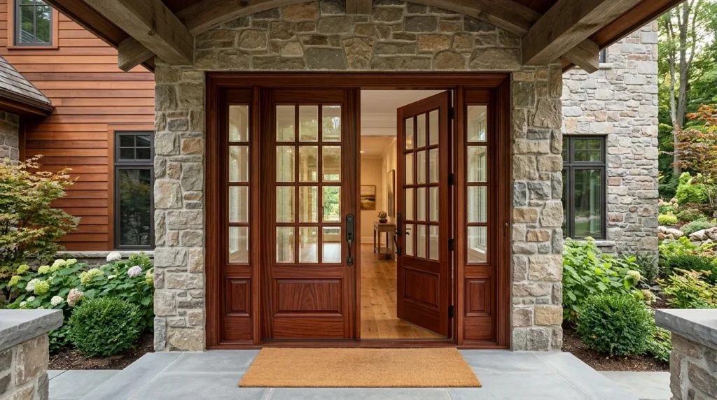 Custom French Entry Doors Design and Timber Frame Project