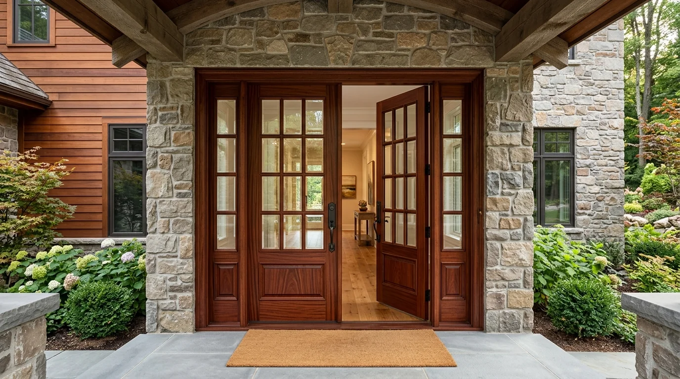 Custom French Entry Doors Design and Timber Frame Project