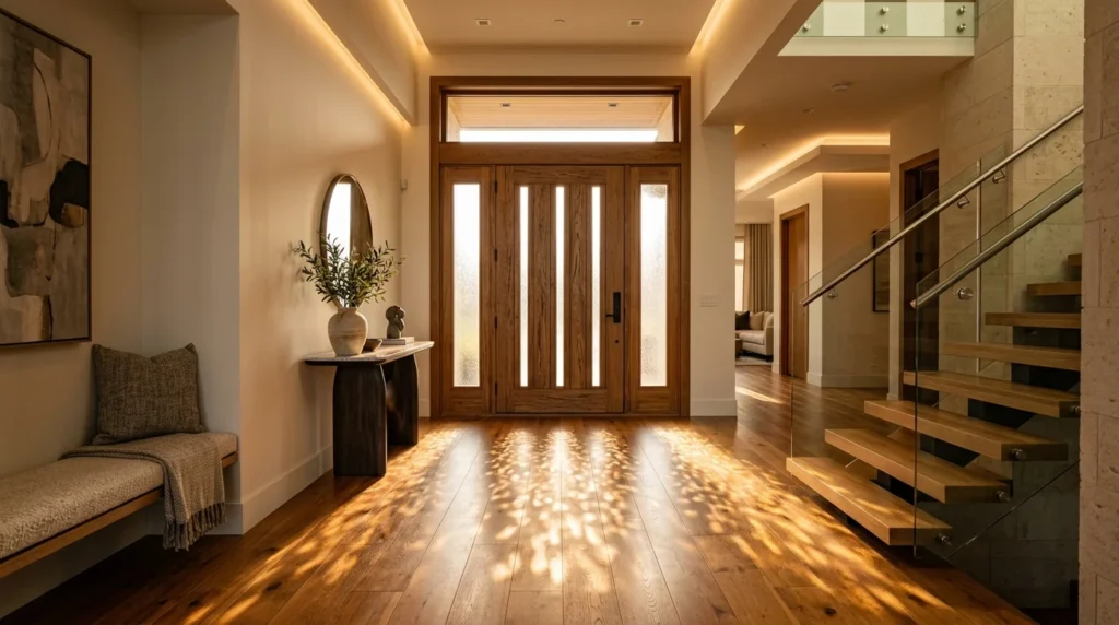 Wood Front Door with Glass Inserts Foyer Interior Light and Privacy