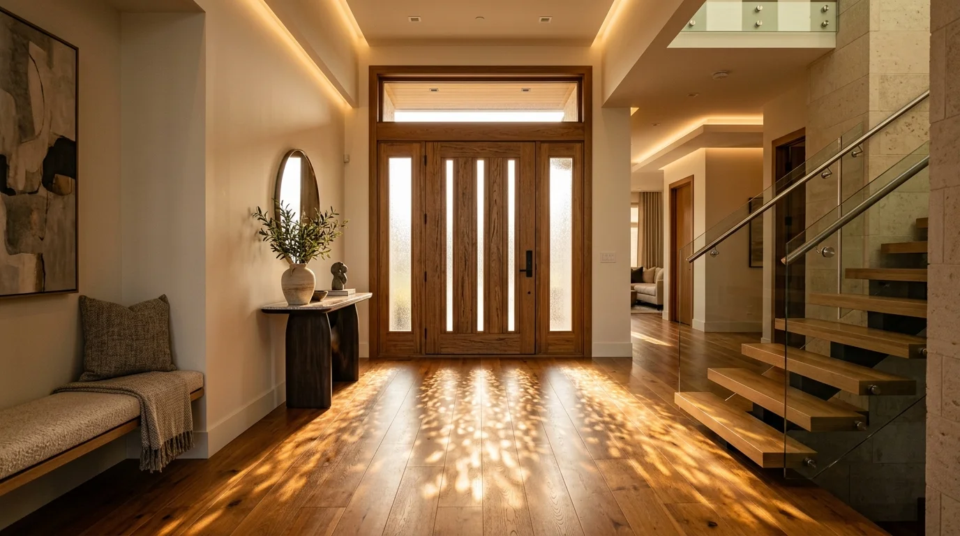 Wood Front Door with Glass Inserts Foyer Interior Light and Privacy