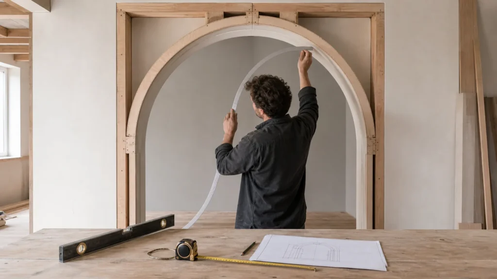 Surveying the curve of an unfinished arched doorway