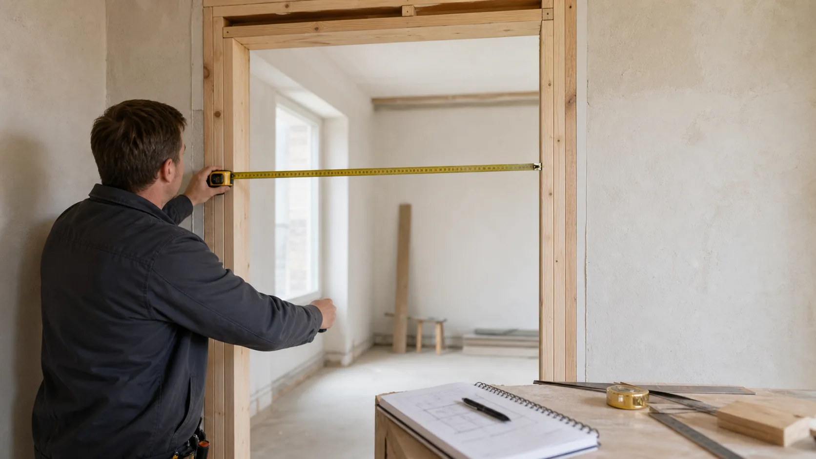 Measuring the width of a timber-framed door opening