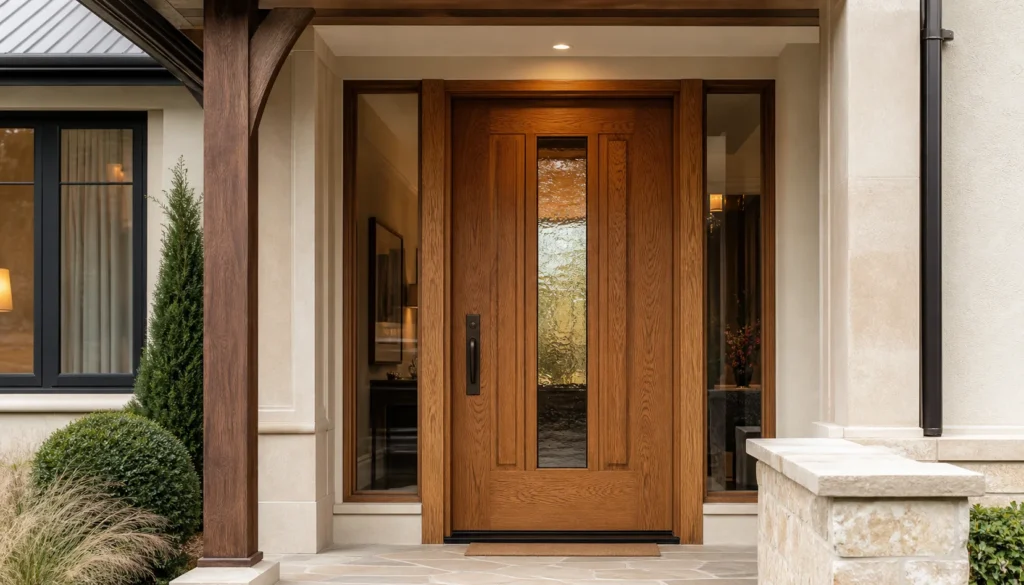 Handcrafted solid oak front door with a vertical glass insert